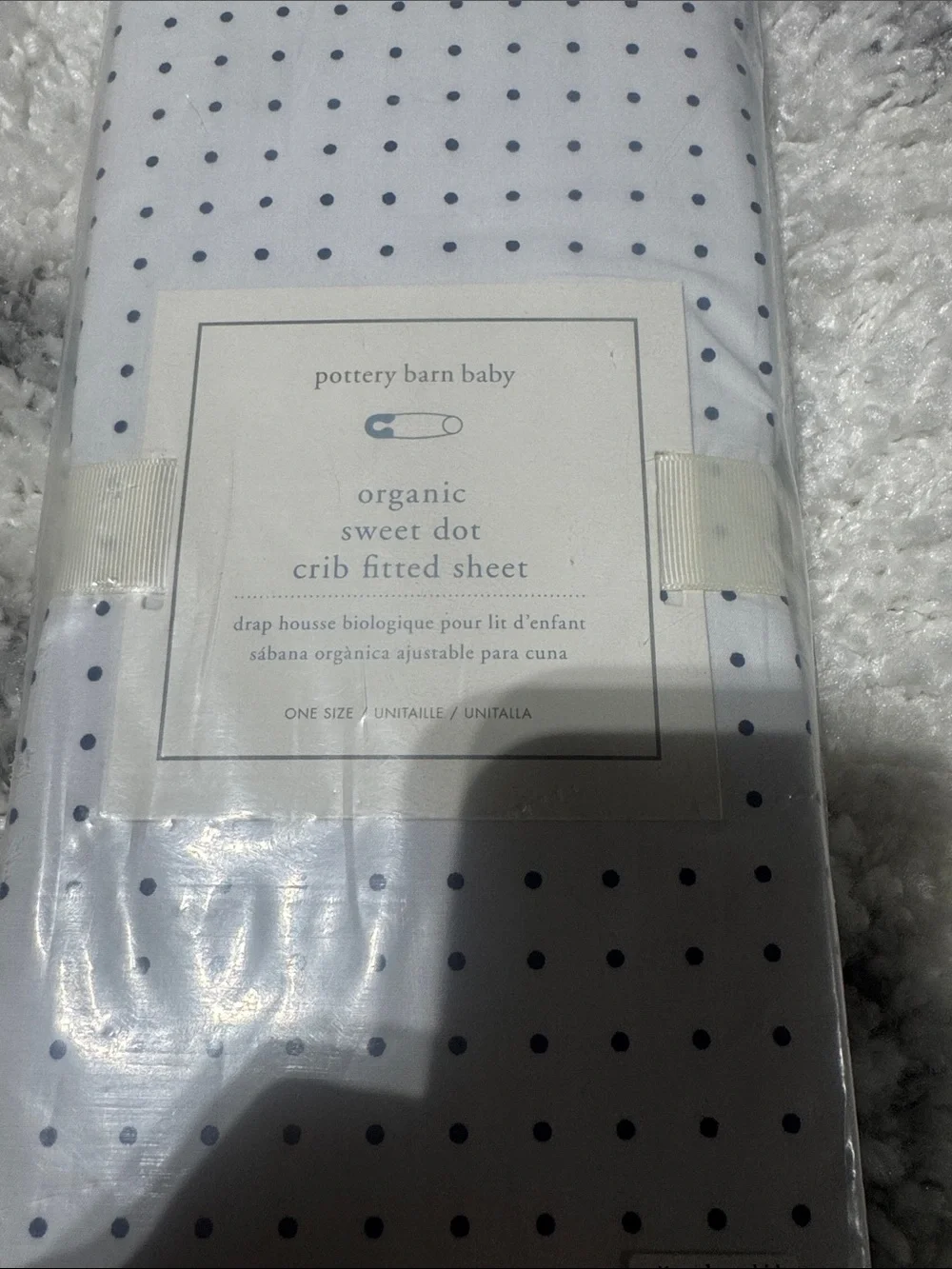 Pottery Barn Kids White Fitted Crib Sheet with Navy Dot Print